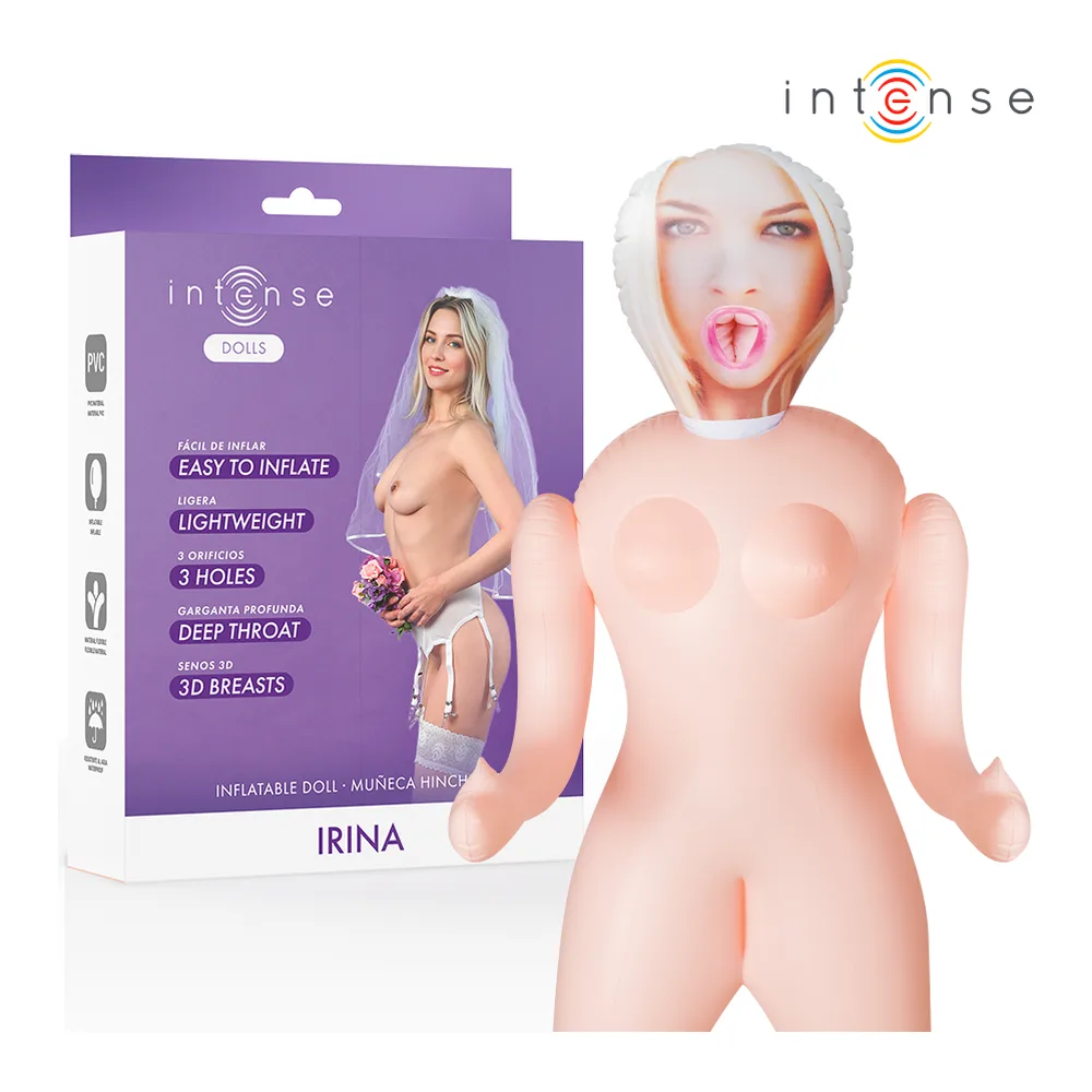 Emballage et poupée gonflable Irina avec tête blanche, corps chair, seins en relief 3D et trois orifices, présentés sur fond blanc