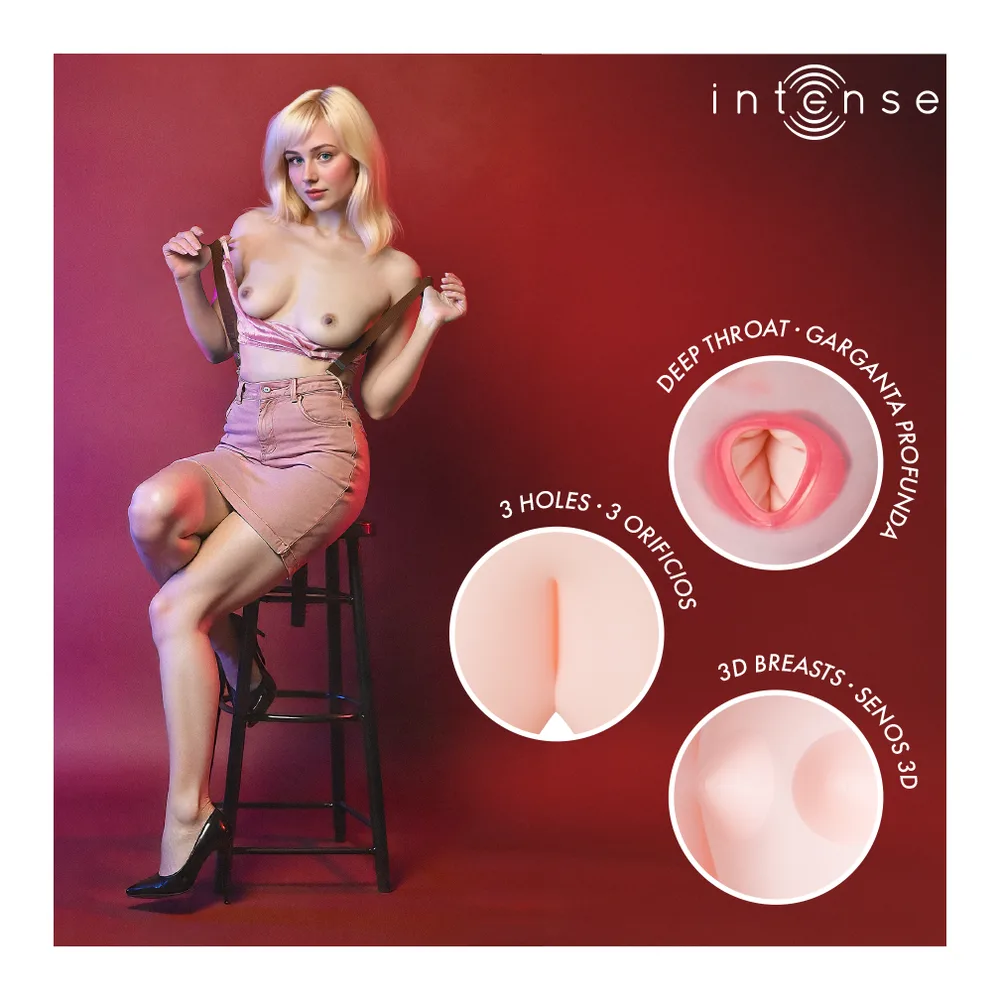Emballage et poupée gonflable Ingrid avec tête blonde détachable, orifices multiples, poitrine 3D, présentés sur fond blanc