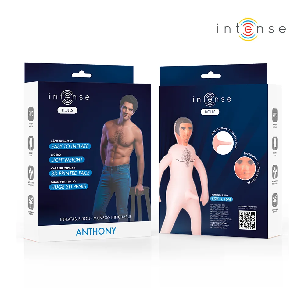 Emballage de la poupée gonflable Anthony Intense Dolls, montrant l'avant avec la silhouette masculine et l'arrière avec les détails du produit et code QR