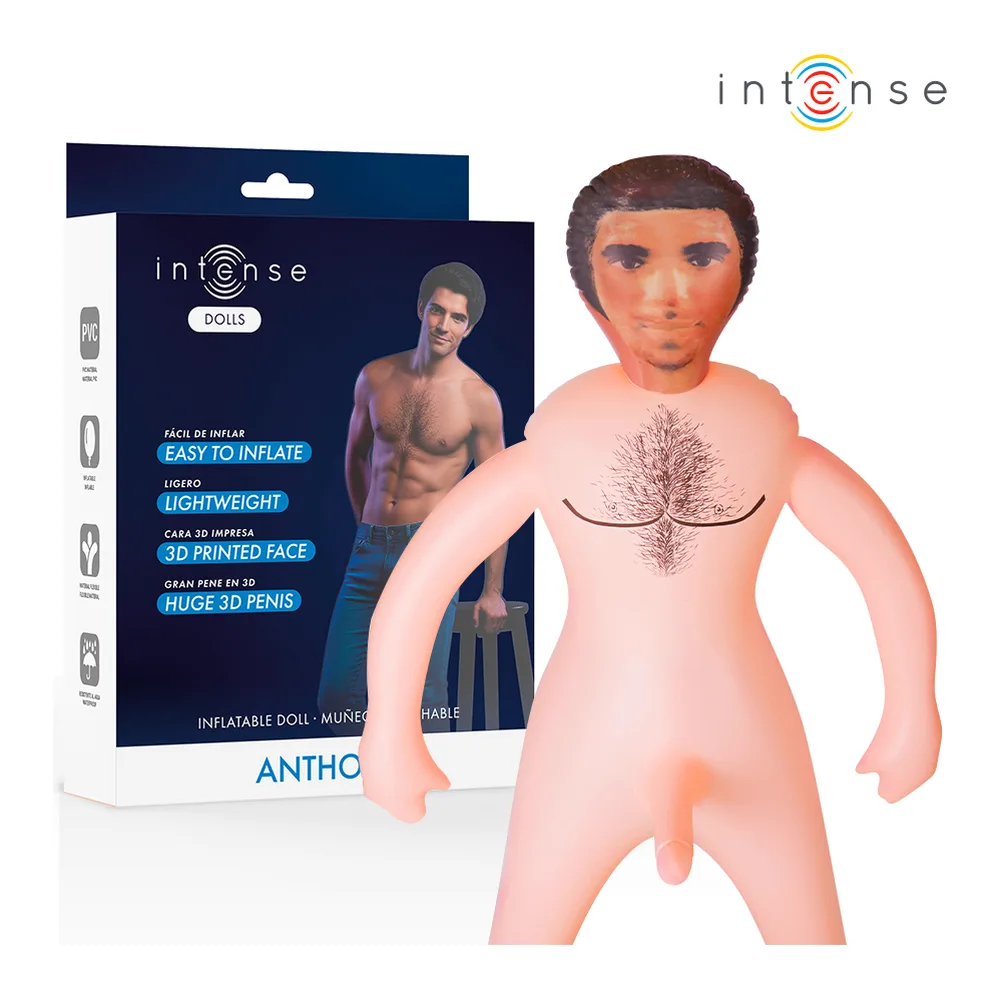 Emballage de la poupée gonflable Anthony Intense Dolls, montrant l'avant avec la silhouette masculine et l'arrière avec les détails du produit et code QR