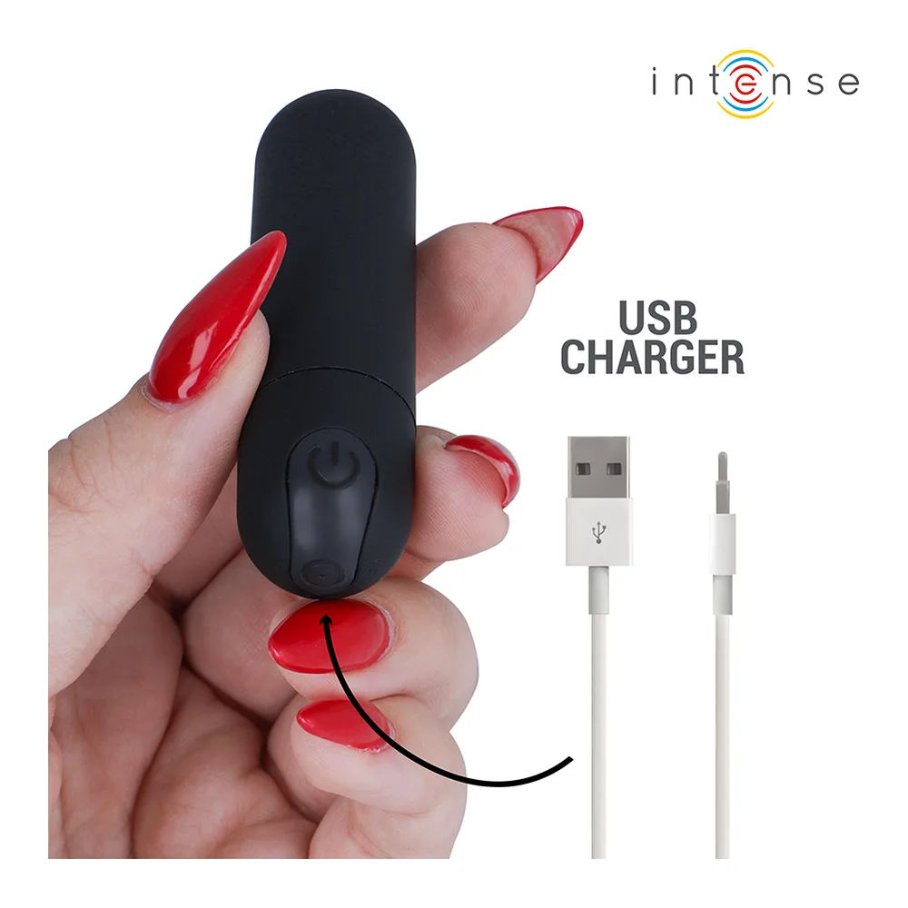 Mini vibromasseur Karen noir en silicone, de forme arrondie, avec bouton de commande à la base, présenté avec son emballage blanc et noir de la marque Intense