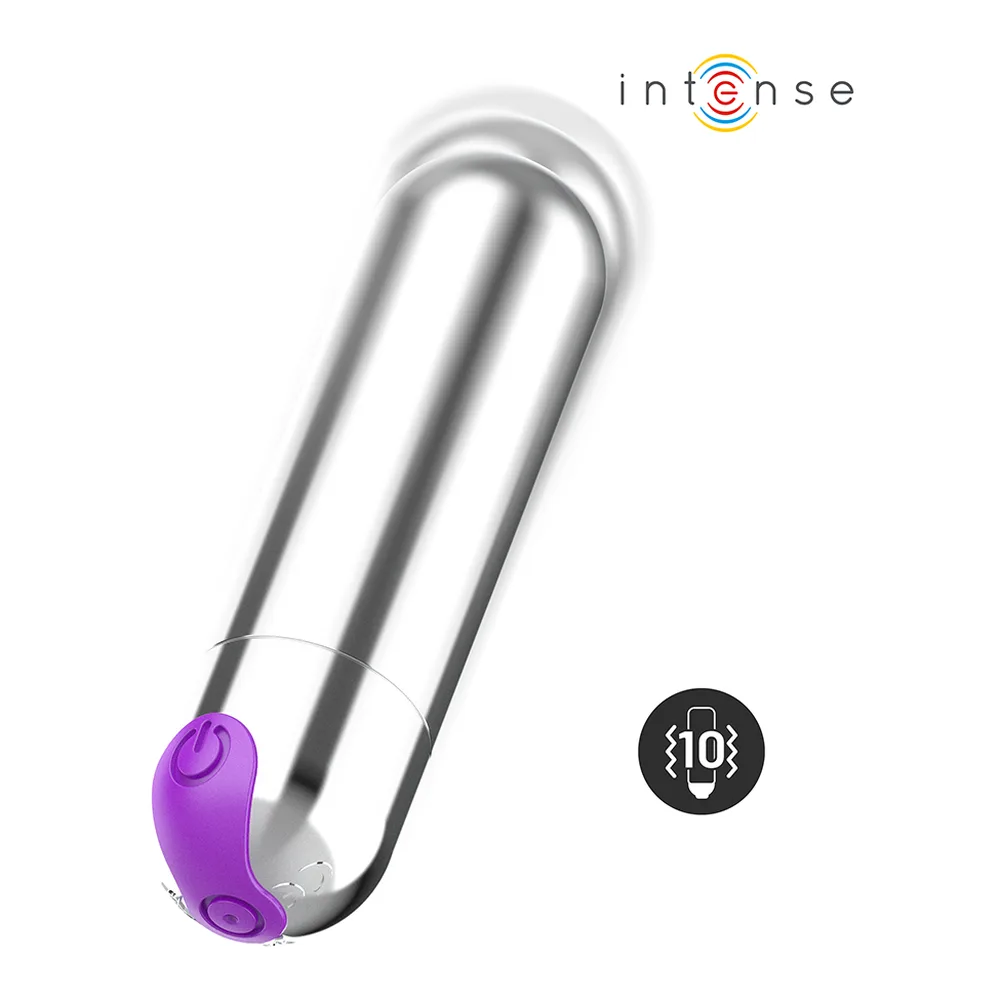 Mini vibromasseur Karen noir en silicone, de forme arrondie, avec bouton de commande à la base, présenté avec son emballage blanc et noir de la marque Intense
