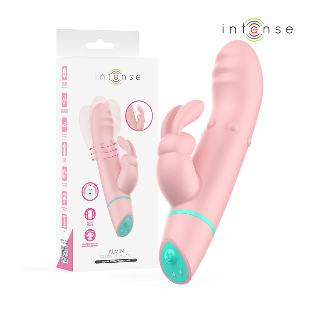 Stimulateur Alvin Rabbit en silicone rose avec deux bras de lapin et bracelet télécommande turquoise, affiché à côté de son emballage blanc de marque Intense