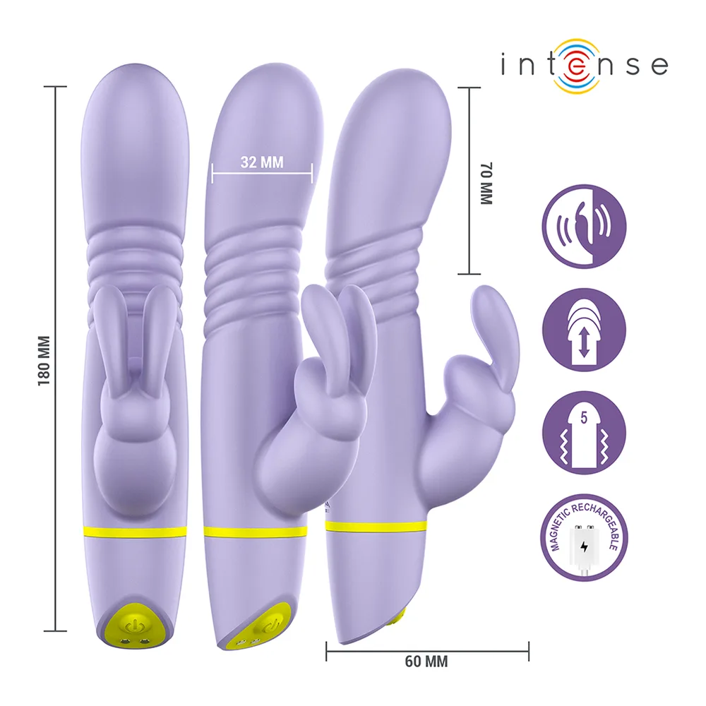 Vibromasseur Helen en silicone lavande tenu en main, avec stimulateur de clitoris en haut et anneau jaune fluorescent visible sur le corps