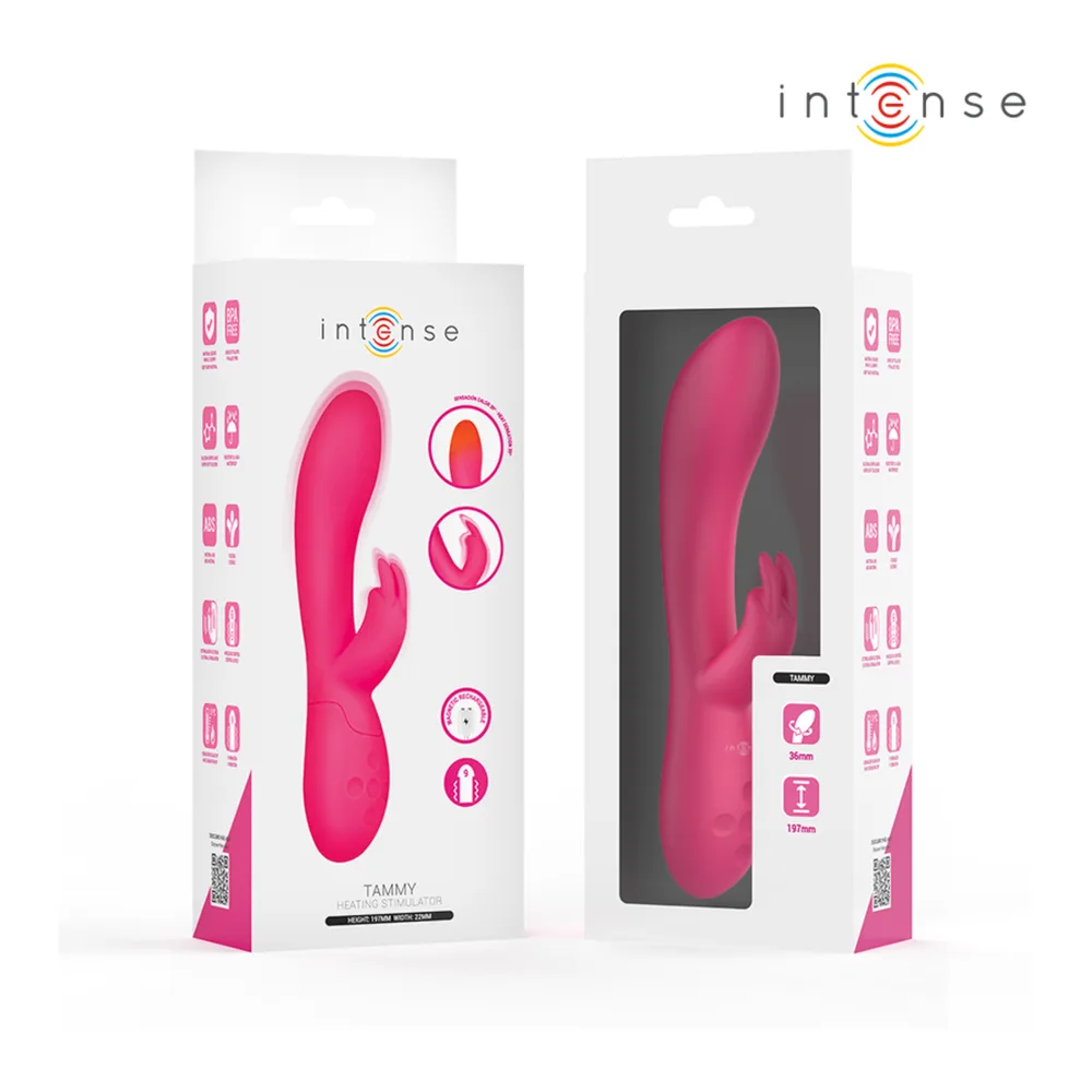 Vibromasseur rabbit rose vif avec oreilles courbes, affichant les modes de vibration et la fonction chauffante, schéma technique sur fond blanc