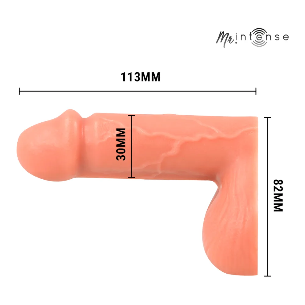 Schéma de dimensions d'un packer réaliste en silicone couleur corail, vue de profil avec indications en millimètres : 113 mm de longueur totale, 82 mm de hauteur, 30 mm de diamètre de la partie principale