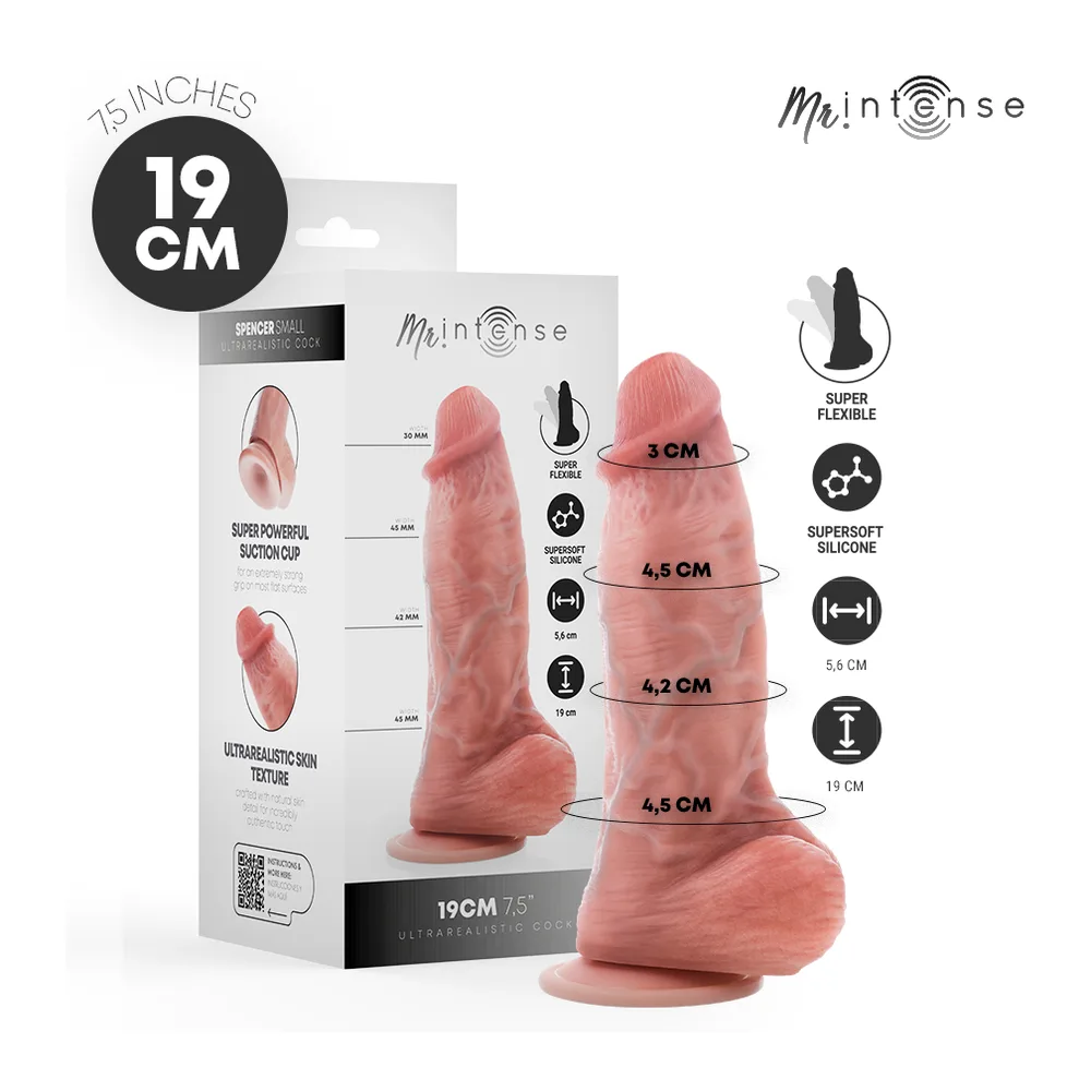 Emballage et godemichet réaliste en silicone rose de 19 cm avec schéma de dimensions indiquant les diamètres à différentes hauteurs, logo Mintense et pictogrammes de caractéristiques