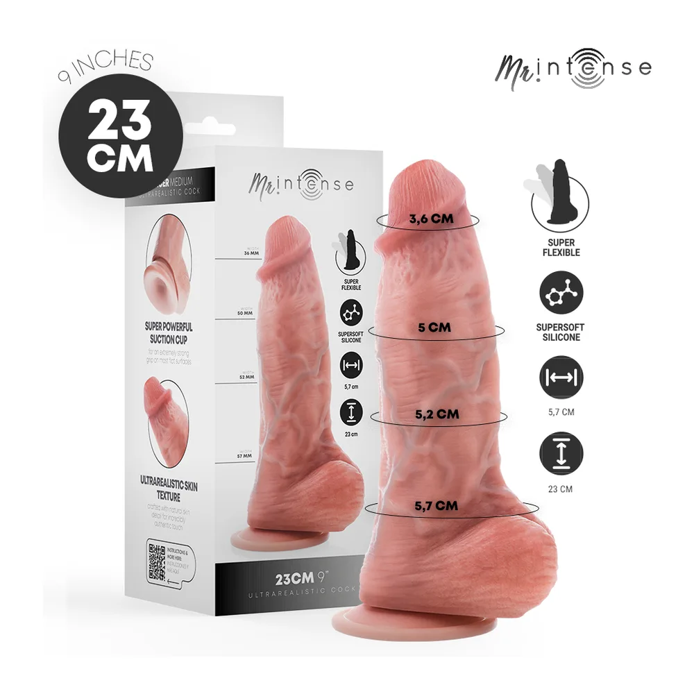 Schéma de dimensions du godemichet silicone Spencer Moyen rose poudré, affichant les largeurs progressives de 36 à 87 mm et la hauteur totale de 230 mm, à côté de sa boîte d'emballage blanc