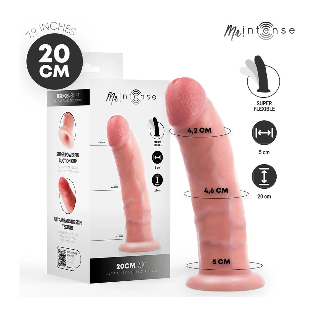 Godemichet réaliste Terence en TPR rose chair de 20 cm, avec emballage affichant les dimensions et les caractéristiques de flexibilité