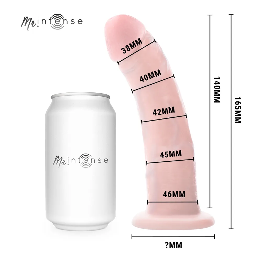 Emballage et godemichet réaliste rose Terence de 16,5 cm avec schéma de dimensions, sur socle blanc