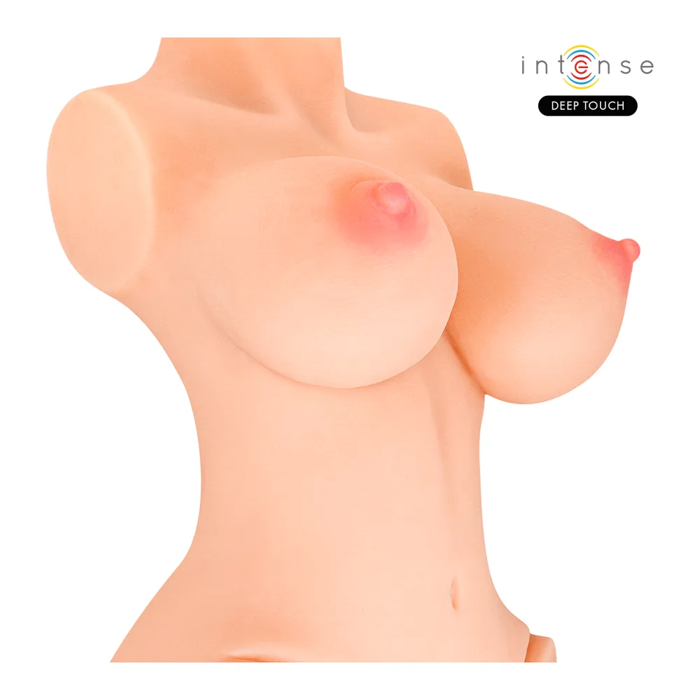 Masturbateur en silicone chair en forme de torse féminin avec détails intimes en rose, vue de profil et de face, marque Intense Deep Touch
