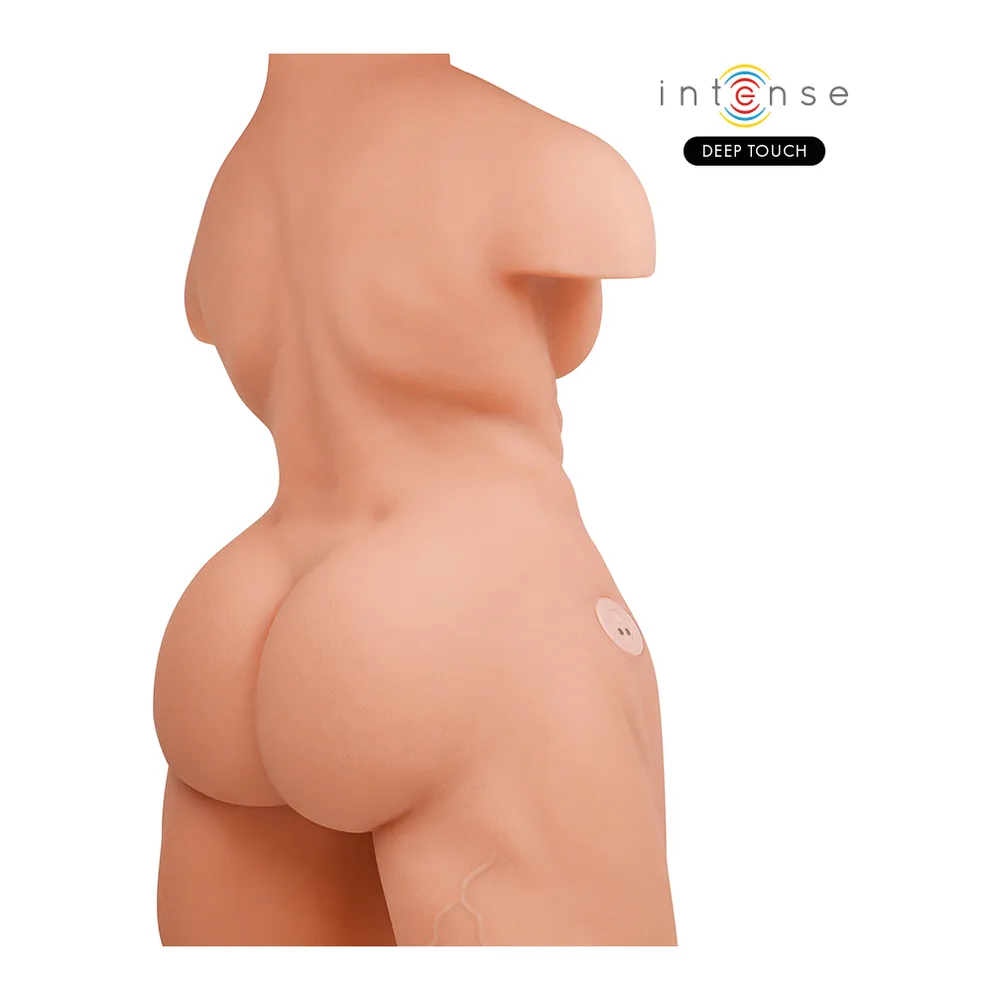 Torse de poupée en silicone chair, vue de profil montrant la tête, les épaules et le bas du corps avec détails anatomiques réalistes