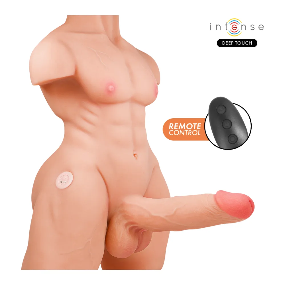 Torse de poupée en silicone chair, vue de profil montrant la tête, les épaules et le bas du corps avec détails anatomiques réalistes
