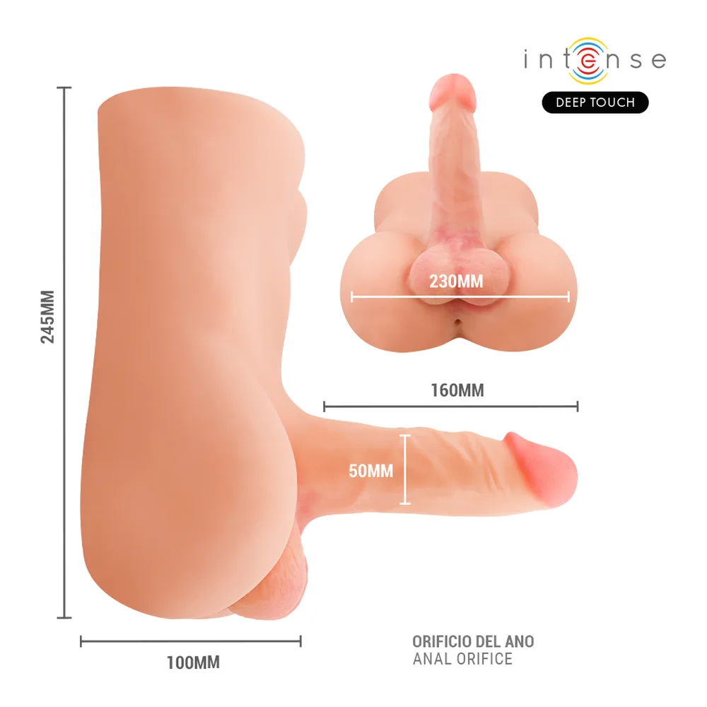 Schéma dimensionnel d'un torse masculin en silicone beige clair avec pénis rose intégré, affichant les mesures de hauteur 245 mm, largeur 100 mm et détails des ouvertures