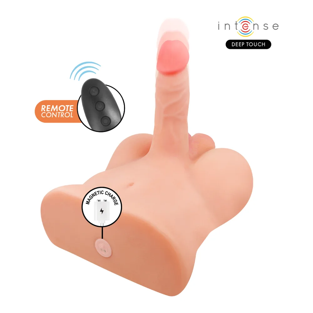 Schéma dimensionnel d'un torse masculin en silicone beige clair avec pénis rose intégré, affichant les mesures de hauteur 245 mm, largeur 100 mm et détails des ouvertures