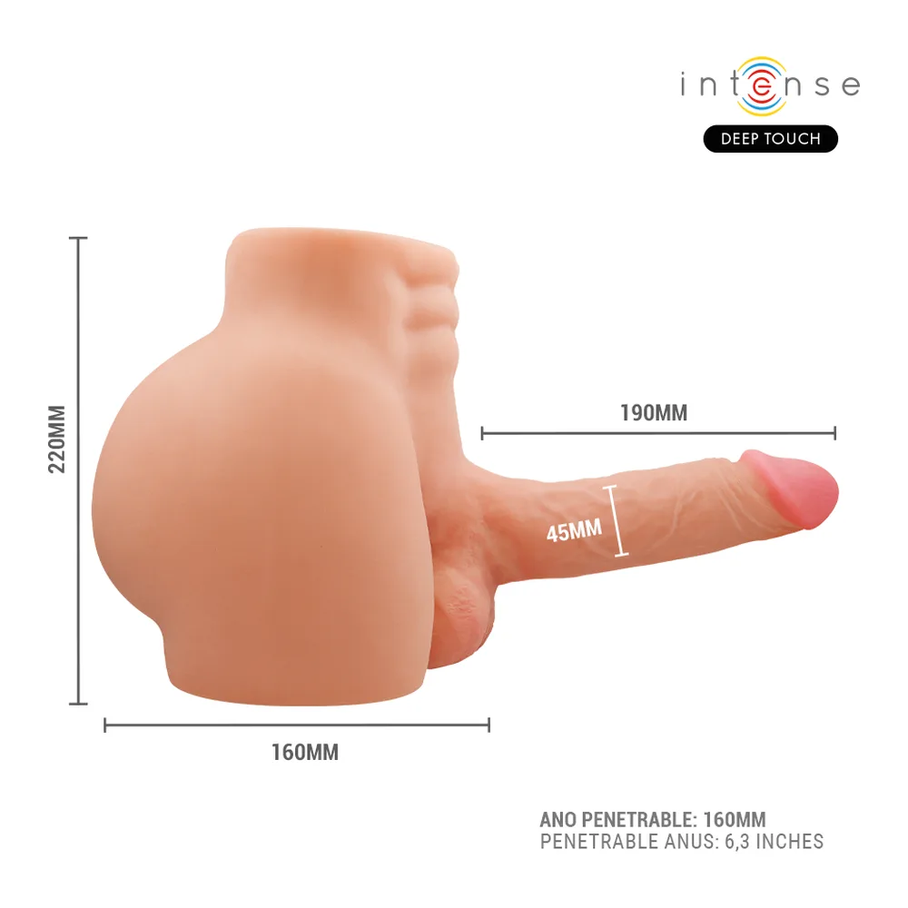 Schéma technique du torse Richie en silicone beige chair avec dimensions indiquées : 220 mm de hauteur, 160 mm de largeur, 190 mm de profondeur et 45 mm de diamètre pénétrable