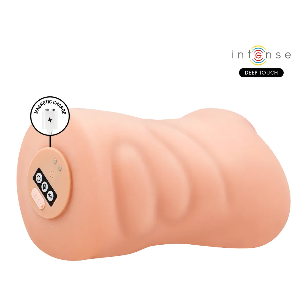 Masturbateur vaginal beige Intense Deep Touch avec commandes tactiles et badge magnétique, texture ondulée, sur fond blanc