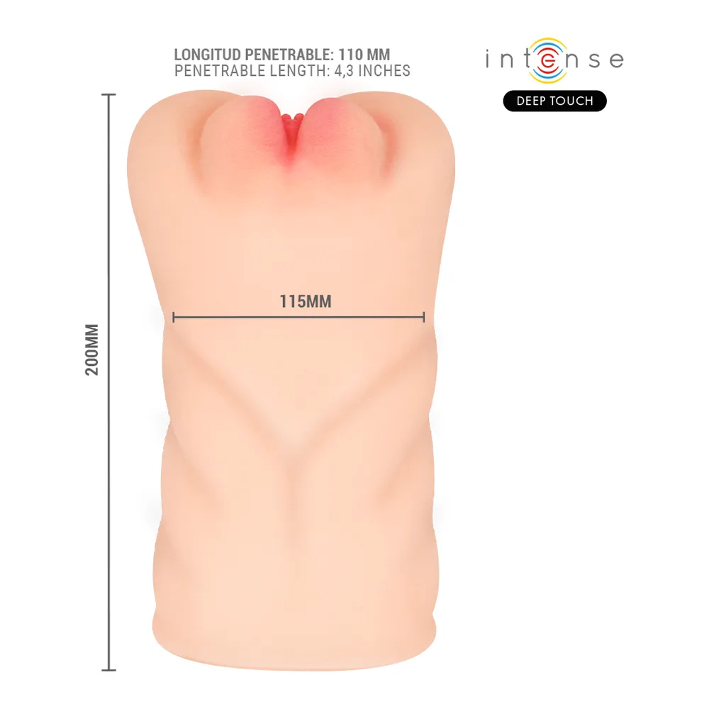 Masturbateur vaginal beige Intense Deep Touch avec commandes tactiles et badge magnétique, texture ondulée, sur fond blanc
