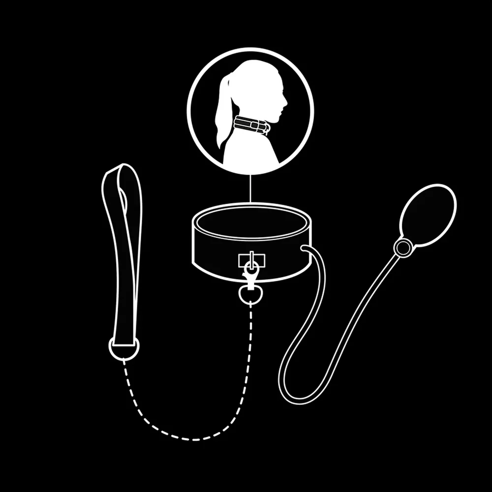 Collier gonflable noir en cuir végétalien avec poire de gonflage, chaîne à mailles et anneau de fixation, fond blanc