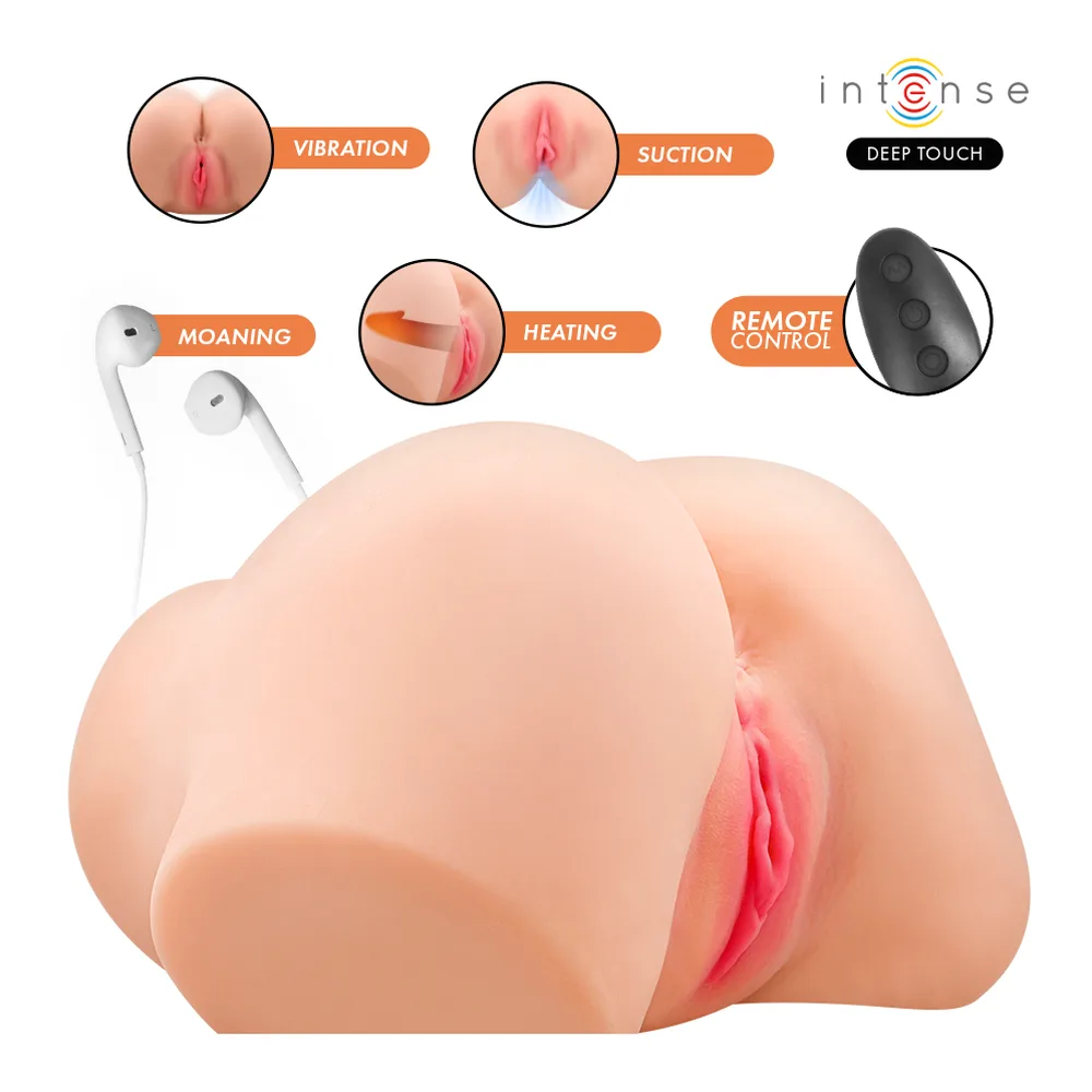 Schéma du masturbateur vaginal Nicole Effets en silicone couleur chair avec ses fonctions illustrées : vibration, suction, moaning, chauffage, et télécommande noire fournie