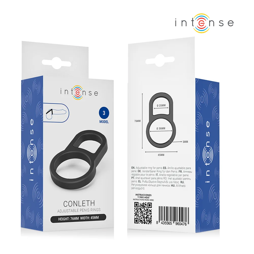 Deux mains tenant un fin anneau pénis noir extensible, montrant sa flexibilité et sa structure double