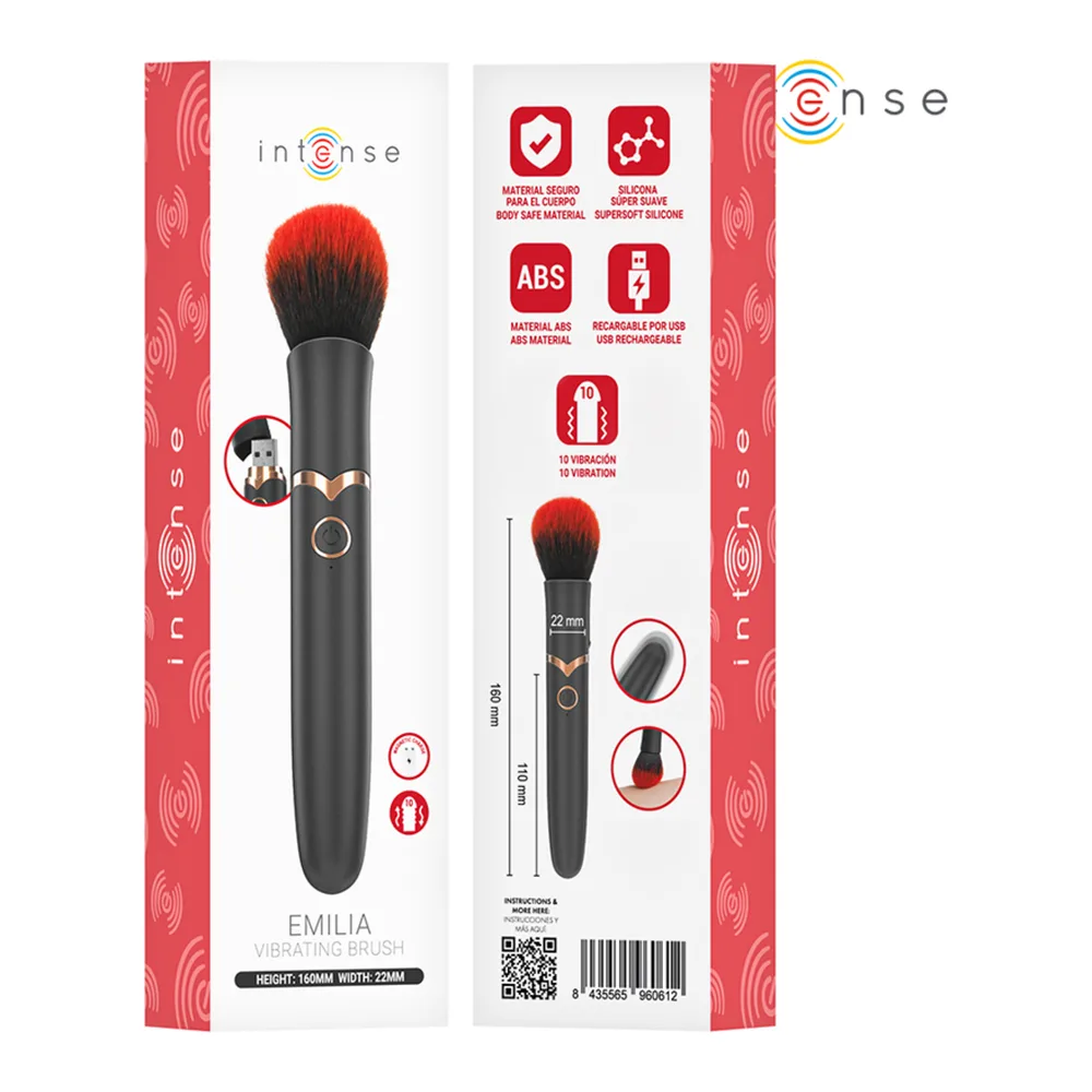 Vibromasseur noir en forme de pinceau, poils rouges et noirs, tenu en main avec bague vibrante grise, logo Intense en haut