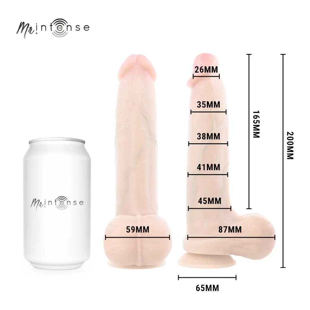 Gode silicone réaliste couleur chair avec testicules, 20 cm, présenté aux côtés de son emballage blanc et marron affichant dimensions et caractéristiques