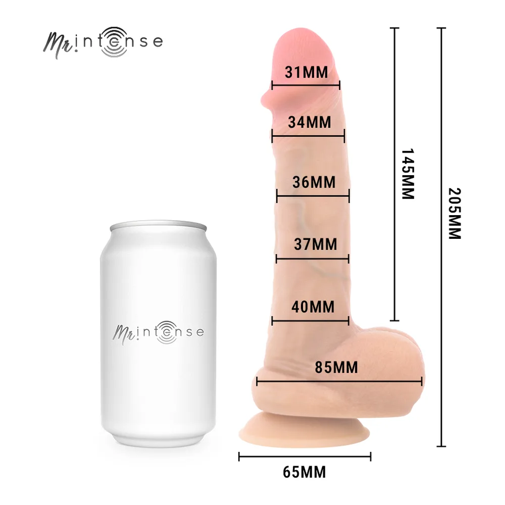 Schéma de dimensions du godemichet Danny en silicone beige avec poire d'éjaculation rose, montrant les largeurs graduées de 31 à 40 mm et hauteur totale de 206 mm, aux côtés d'une canette pour comparaison d'échelle