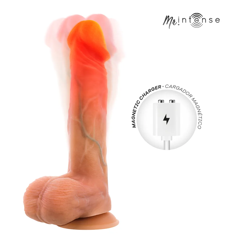Vibromasseur réaliste en silicone beige avec gland rose corail, base texturée, présenté sous trois angles différents