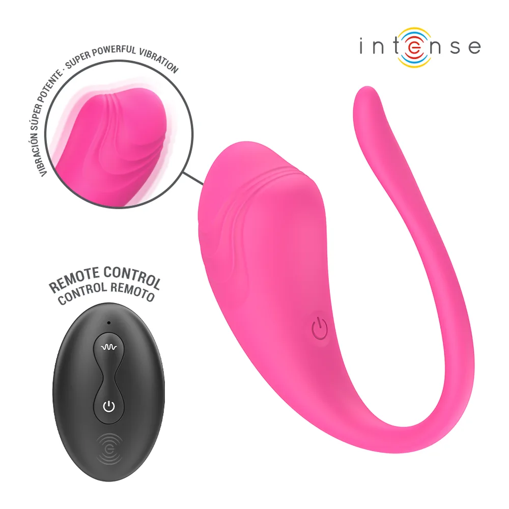 Schéma technique d'un œuf vibrant rose fuschia avec queue flexible, montrant dimensions (96 mm longueur totale, 80 mm largeur, 36 mm profondeur), télécommande noire et pictogrammes d'utilisation