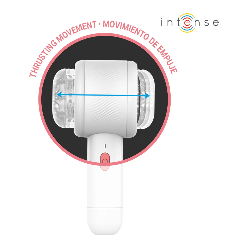 Masturbateur blanc Intense Griffin vue d'ensemble avec poignée ergonomique, bouton de commande rouge, et schémas techniques montrant le mouvement de va-et-vient et la texture interne
