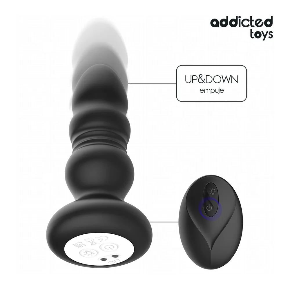 Trois plugs anaux en silicone de différentes tailles et teintes (noir, gris, blanc translucide), télécommande noire ovale et icônes de fonction sur fond blanc