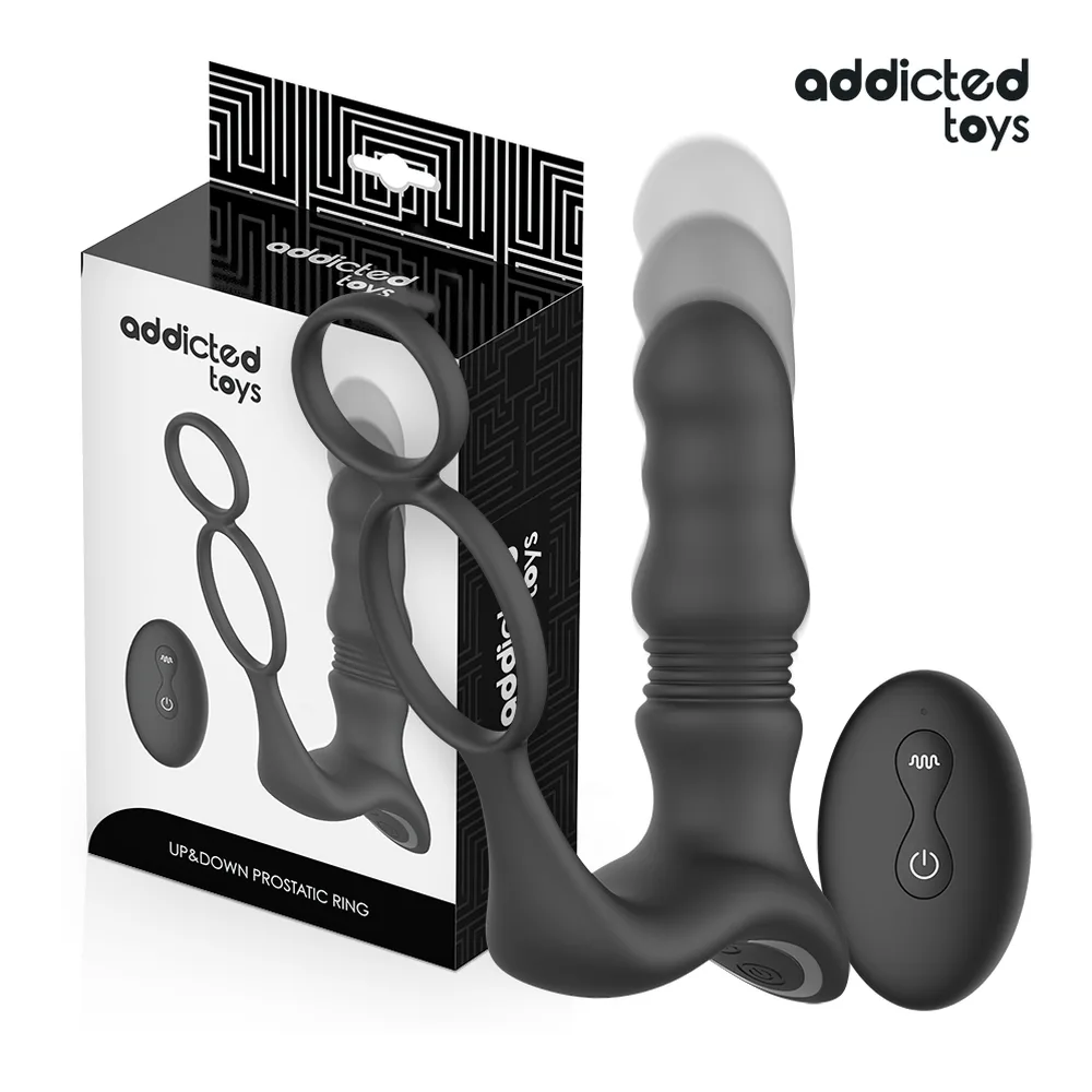 Stimulateur de prostate noir en silicone avec double anneau, télécommande ovale et indicateur de 9 modes de vibration, sur fond blanc