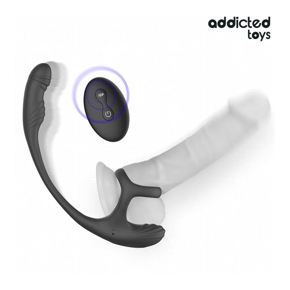 Stimulateur de prostate noir et blanc avec anneau pénien, bras ondulant et télécommande sans fil noire à écran illuminé