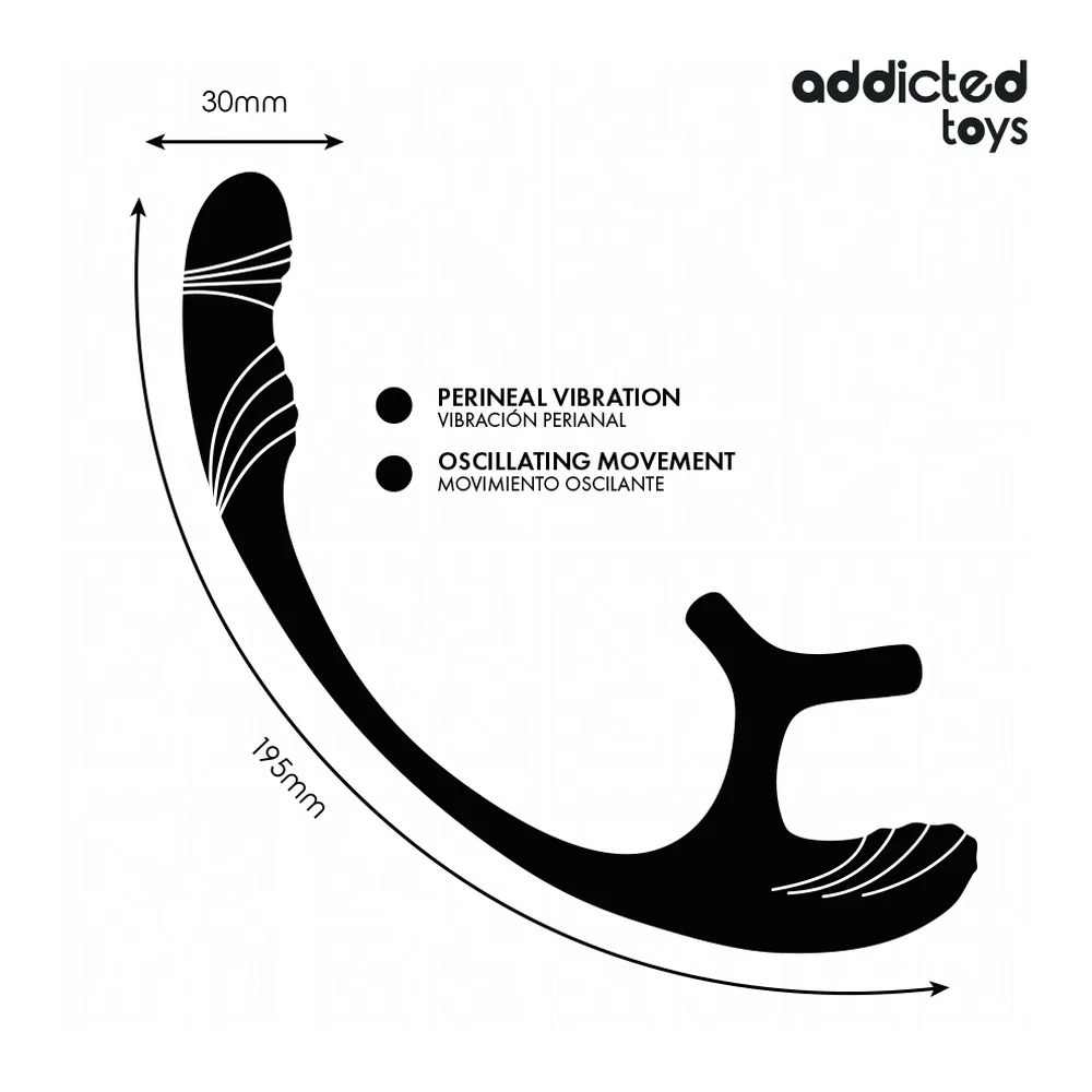 Stimulateur de prostate noir et blanc avec anneau pénien, bras ondulant et télécommande sans fil noire à écran illuminé