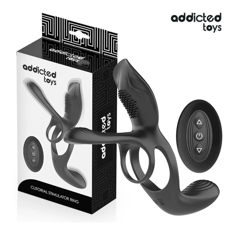 Stimulateur clitoridien noir avec anneau pénien et languette de contact, accompagné d'une télécommande noire et bleue sans fil