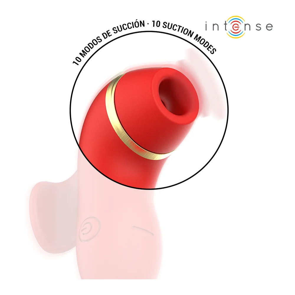 Stimulateur clitoridien rouge vif en silicone avec anneau doré, montrant quatre têtes interchangeables : lisse pour la succion, hérissée pour le chatouillement, conique pour le tapotement, et pointue pour le léchage