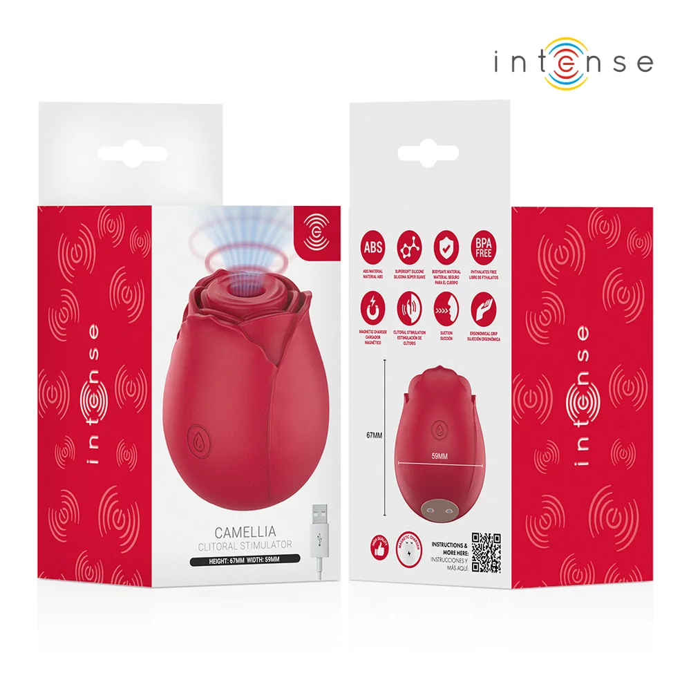 Stimulateur clitoridien rouge foncé en forme de rose, montrant les dimensions 67 mm de hauteur et 59 mm de largeur, avec vue de face, de dos et reposant sur une paume ouverte, accompagné de logos certifiant la qualité et la charge magnétique