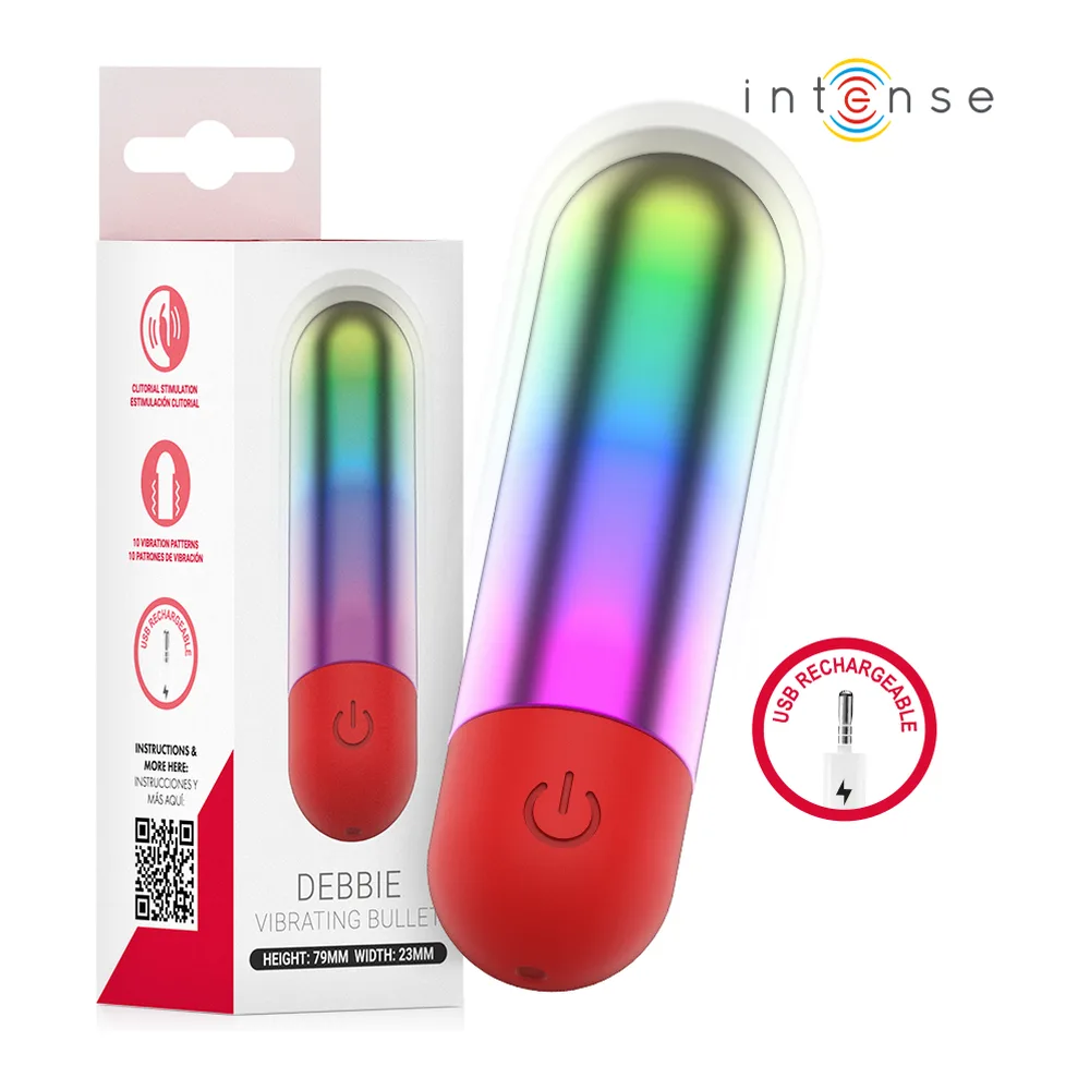 Trois vues d'un vibromasseur rechargeable au revêtement arc-en-ciel dégradé, base rouge, avec schéma de dimensions 70mm de hauteur et 23mm de largeur, pictogrammes de recharge USB et contrôle sonore en haut