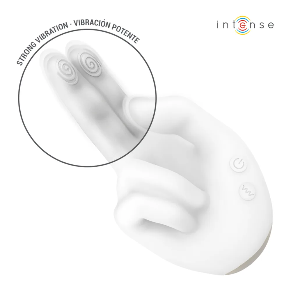 Stimulateur clitoridien blanc en silicone avec deux doigts souples, zoom détaillant les têtes oscillantes en spirale et indication « strong vibration »