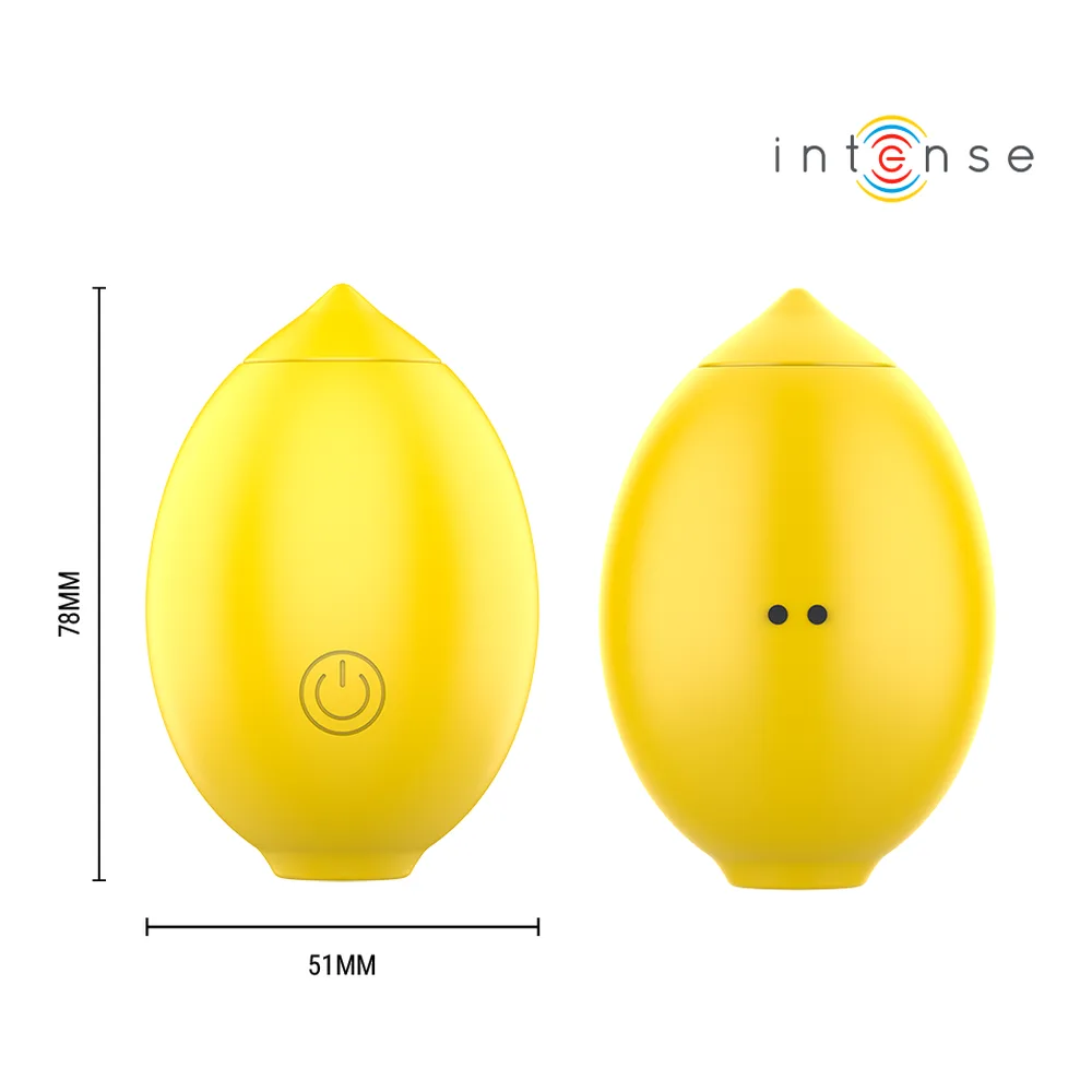Stimulateur clitoridien en silicone jaune citron, forme ovale avec bouton d'allumage au centre, base verte et bleue lumineuse sur fond blanc