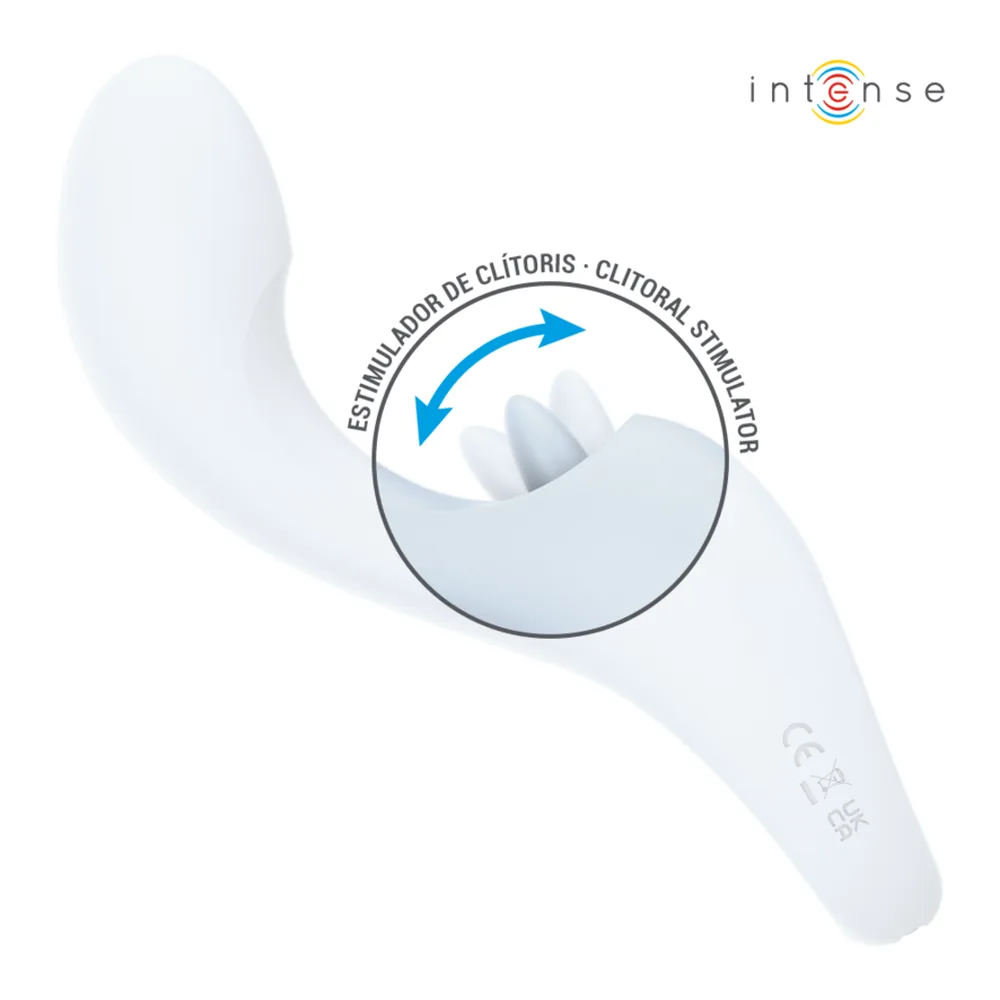 Vibromasseur rabbit Anya en silicone blanc avec deux branches courbes, moteurs en finition cuivrée, emballage violet motifs géométriques, détails de commandes et certification étanchéité visibles