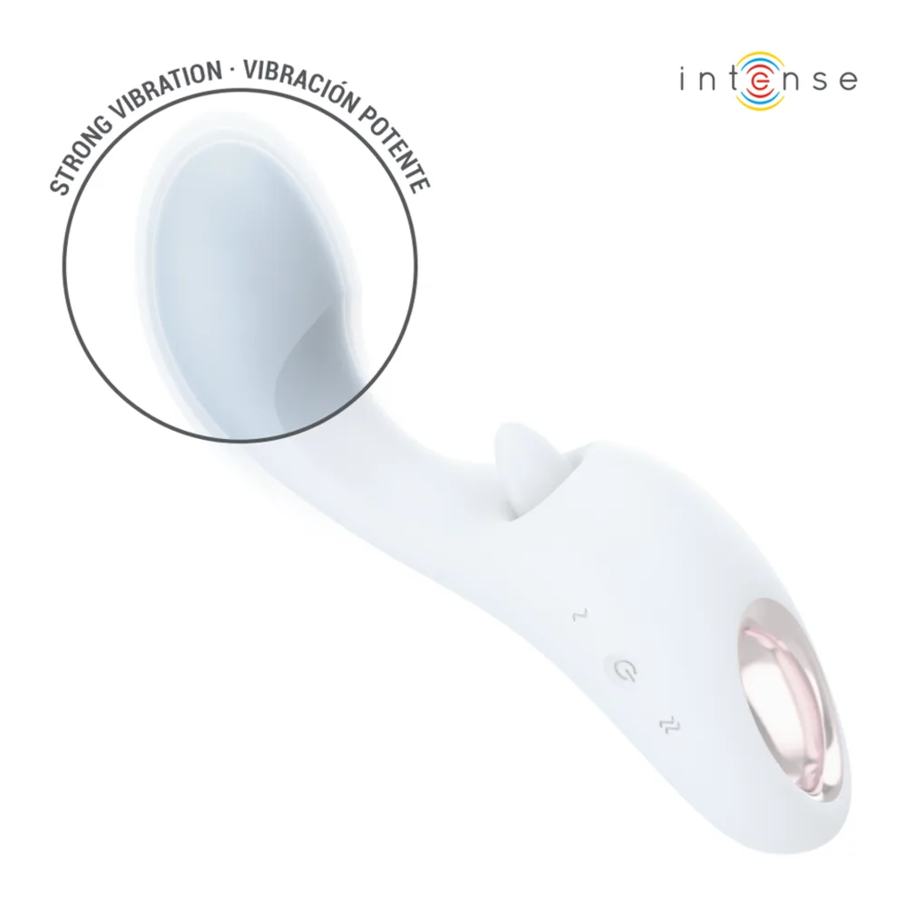 Vibromasseur rabbit Anya en silicone blanc avec deux branches courbes, moteurs en finition cuivrée, emballage violet motifs géométriques, détails de commandes et certification étanchéité visibles
