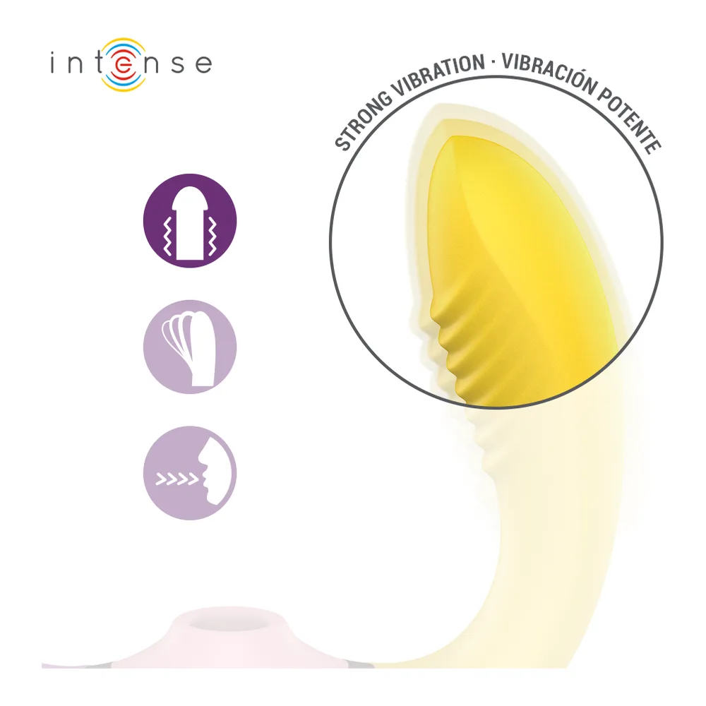Stimulateur clitoridien Willow jaune en silicone, forme en U avec ventouse centrale et deux bras vibrants, sur fond blanc. Schéma montrant les fonctions de vibration et de succion
