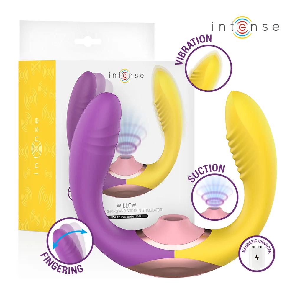 Stimulateur clitoridien Willow jaune en silicone, forme en U avec ventouse centrale et deux bras vibrants, sur fond blanc. Schéma montrant les fonctions de vibration et de succion