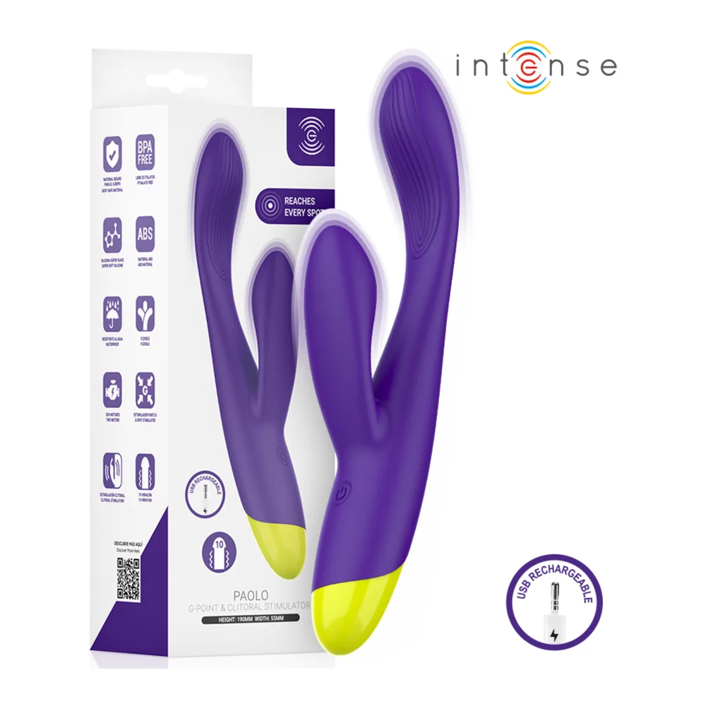 Stimulateur rabbit violet et jaune fluo tenu en main sur fond blanc, avec embout recourbé et branches auriculaires écartées