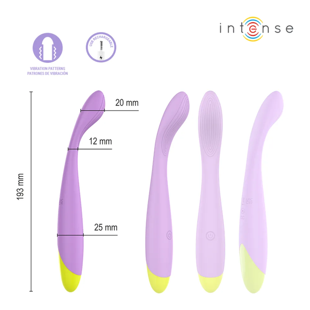Schéma de dimensions du vibromasseur Lucca en silicone, mauve et jaune, montrant sa tige flexible de 193 mm avec zones de courbure de 20, 12 et 25 mm, et quatre vues de profil