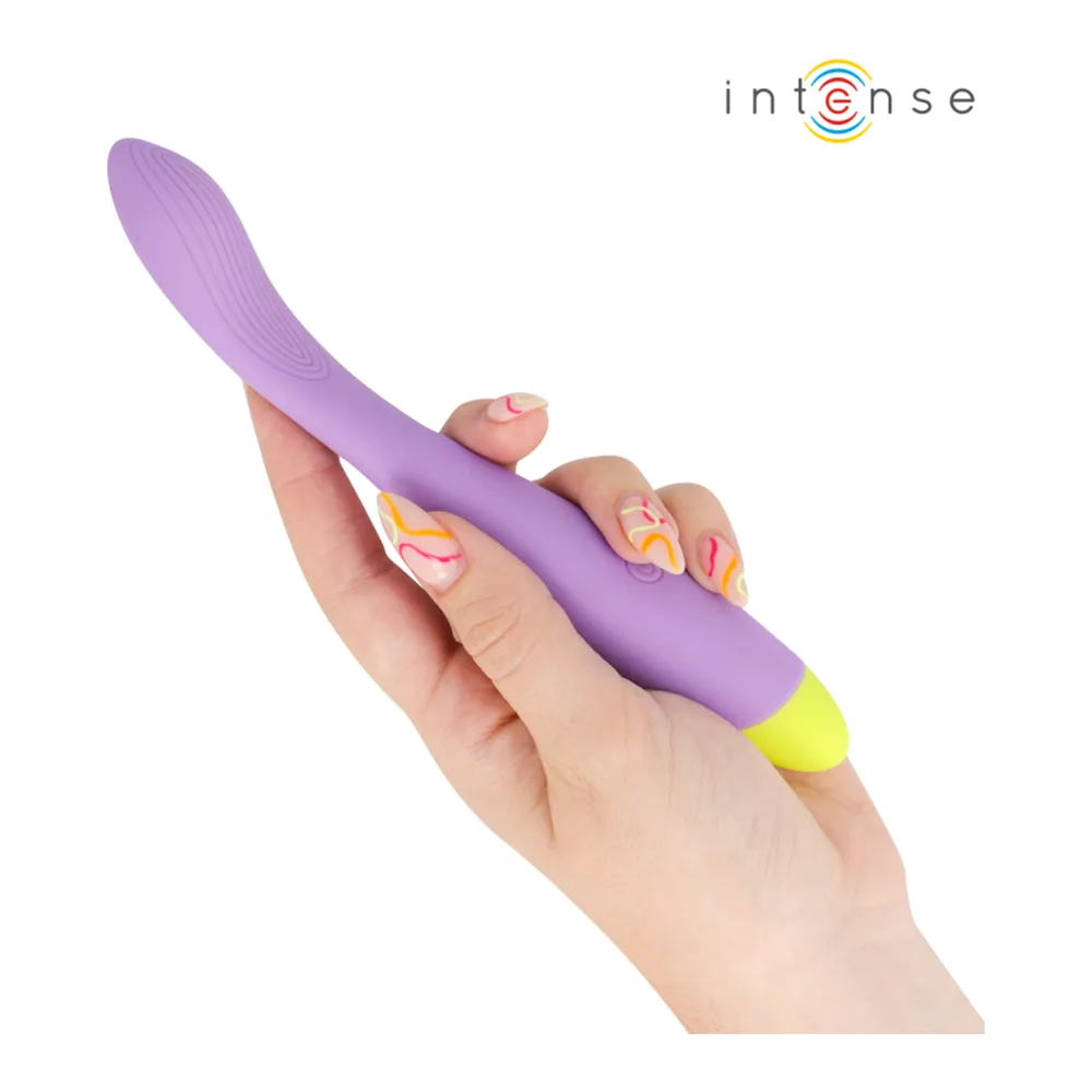Schéma de dimensions du vibromasseur Lucca en silicone, mauve et jaune, montrant sa tige flexible de 193 mm avec zones de courbure de 20, 12 et 25 mm, et quatre vues de profil