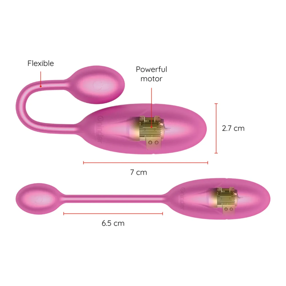 Œuf vibrant rose fuchsia en silicone avec deux éléments ovales reliés par une boucle, sur fond blanc