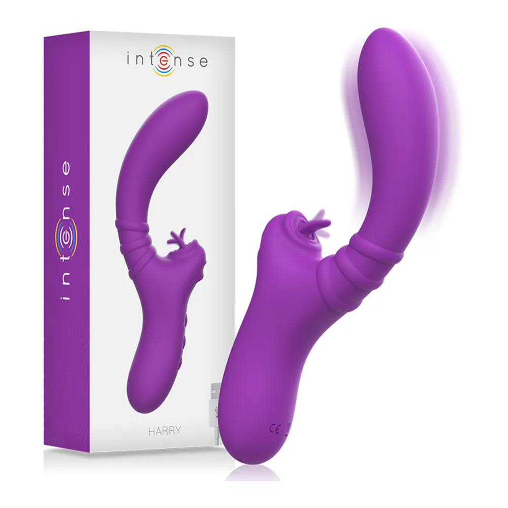 Emballage et vibrateur flexible Harry en silicone violet avec une zone de stimulation clitoridienne et une languette articulée, marque Intense